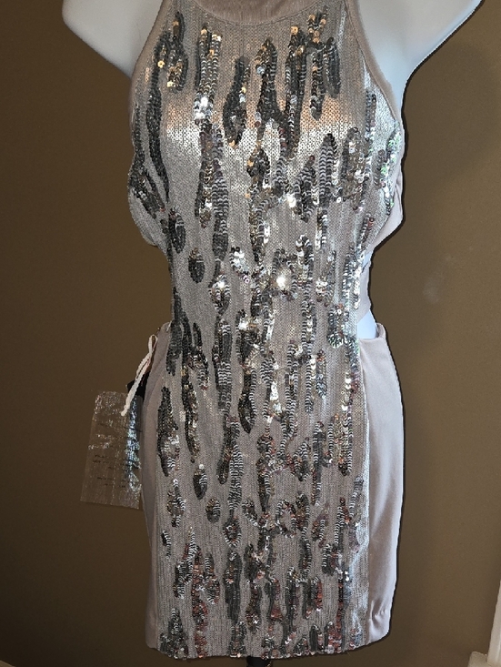 bebe Dresses & Skirts - bebe Grey & Silver Sequin  Mini Dress Cut-Out Side & Strappy Back